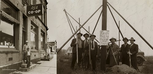 Image showing REA electric cooperative members in front of an office and workers standing next to a utility pole holding shovels.
