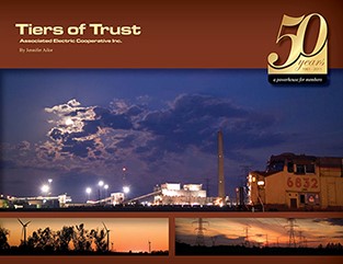 Book cover of Tiers of Trust showing various items such as the New Madrid power plant at night, wind turbines and transmission towers at dusk.