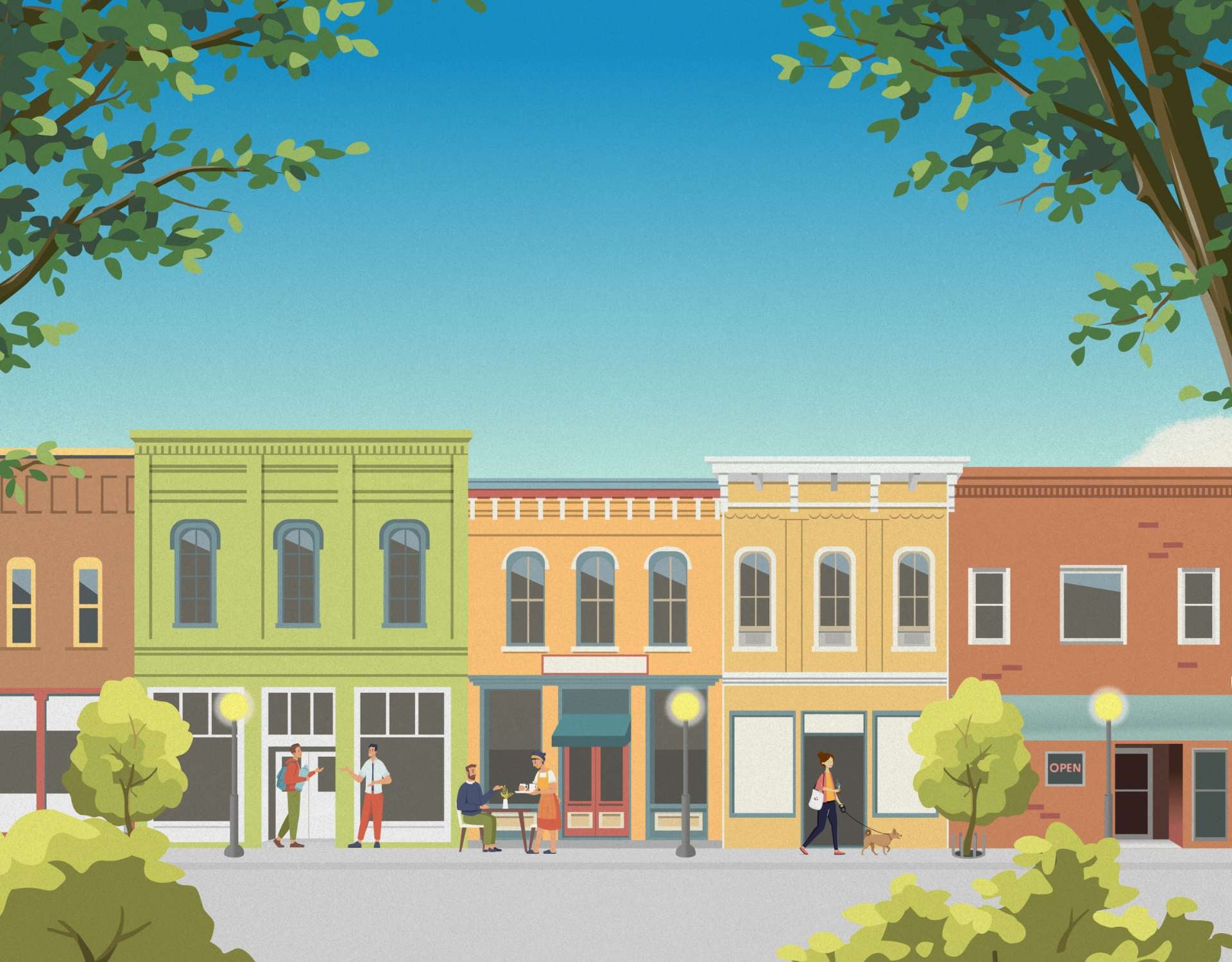 illustration of main street with people a dog